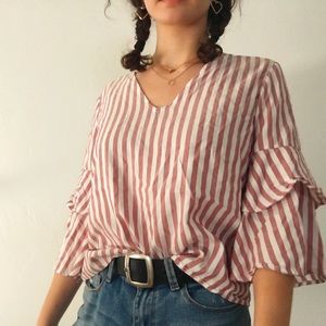 PINK&WHITE VERTICAL STRIPED BLOUSE W BELL SLEEVES